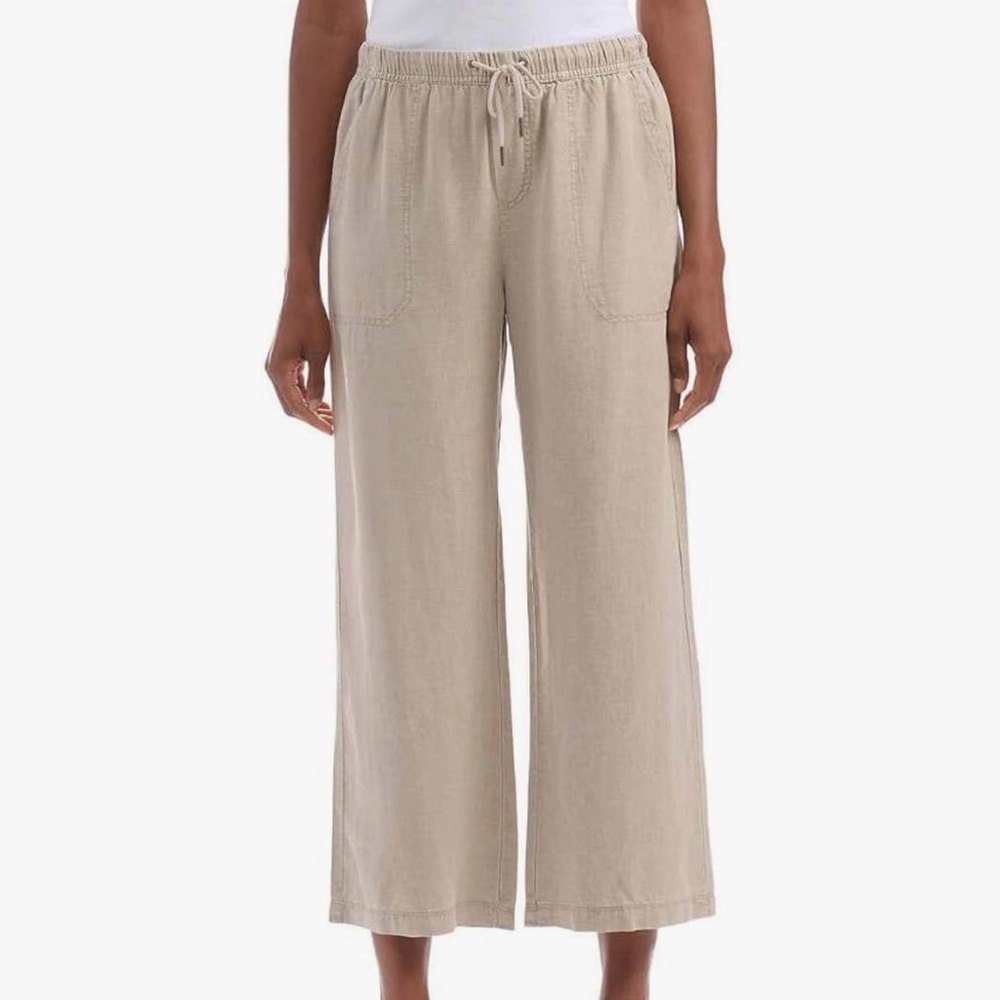 $158 SPLENDID Women’s Linen Blend Wide Leg Cropped Tan Pull On Pant size M